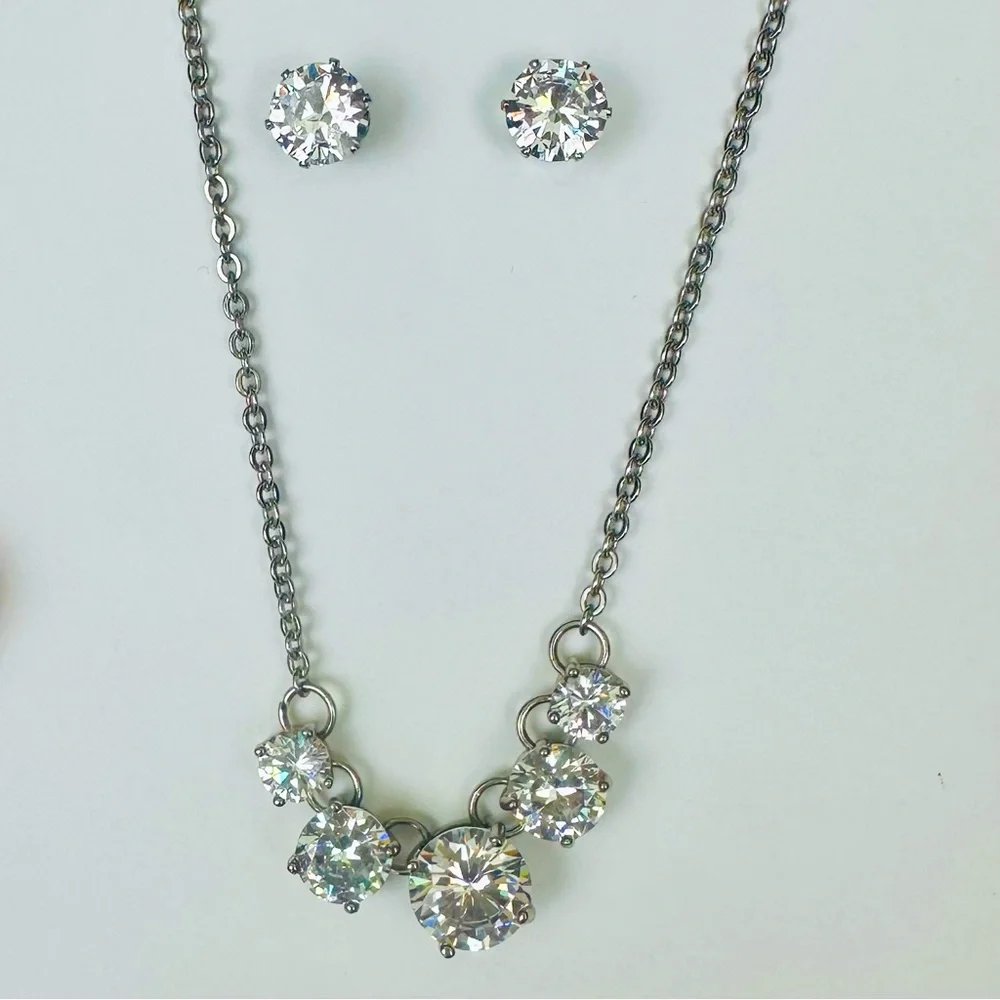 Glittering Silver-Tone CZ Drop Adjustable Necklace & Stud Earrings Set - Picture 5 of 5